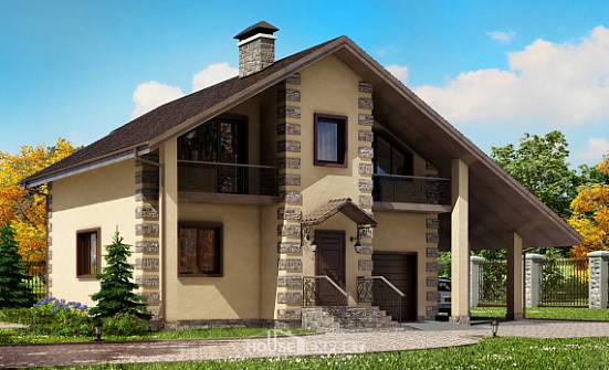 150-003-П Проект двухэтажного дома с мансардным этажом и гаражом, доступный дом из газобетона Комсомольск-на-Амуре | Проекты домов от House Expert